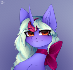 Size: 3972x3852 | Tagged: safe, artist:kutoshi, oc, oc only, oc:serene secrets, pony, unicorn, bow, bust, high res, horn, looking at you, smiling, smiling at you, solo