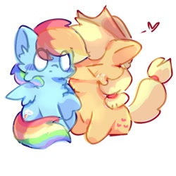 Size: 1080x1080 | Tagged: safe, artist:grey___cat, applejack, rainbow dash, cat, earth pony, pegasus, pony, g4, applecat, applejack's hat, catified, chest fluff, cowboy hat, duo, duo female, ear fluff, eye clipping through hair, eyes closed, female, freckles, hat, heart, kissing, lesbian, rainbow cat, raised paw, ship:appledash, shipping, simple background, sitting, species swap, white background, white eyes, wings