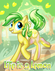 Size: 550x712 | Tagged: safe, artist:blueshift, oc, oc only, oc:lemon dreams, earth pony, pony, fanfic:life is a lemon, day, earth pony oc, fanfic, fanfic art, fanfic cover, lemon tree, looking up, smiling, solo, tree