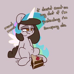 Size: 1500x1500 | Tagged: safe, artist:lou, oc, oc only, oc:louvely, earth pony, pony, cake, celestia costume, clothes, costume, diet, eating, fake horn, fake wings, food, gray background, simple background, sitting, solo, text, wig