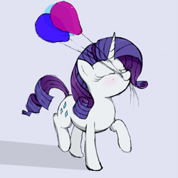 Size: 2919x2919 | Tagged: safe, artist:mizhisha, rarity, pony, unicorn, g4, balloon, blushing, cute, eyes closed, female, happy, high res, mare, mouth hold, raribetes, simple background, smiling, solo, that pony sure does love balloons