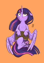 Size: 2480x3508 | Tagged: safe, artist:ardilya, twilight sparkle, alicorn, pony, g4, blushing, book, digital art, floppy ears, hiding, hiding behind book, high res, looking at you, lying down, on back, simple background, solo, surprised, twilight sparkle (alicorn), wings