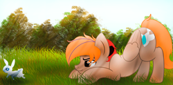 Size: 2359x1159 | Tagged: safe, oc, oc only, pegasus, pony, rabbit, animal, brown eyes, crepuscular rays, glass, pegasus oc, tree