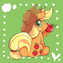 Size: 1000x1000 | Tagged: safe, artist:01teruri16, applejack, earth pony, pony, g4, apple, applejack's hat, cowboy hat, cute, female, food, freckles, green background, hat, hoof hold, jackabetes, looking at you, looking back, looking back at you, mare, profile, raised hoof, simple background, sitting, solo