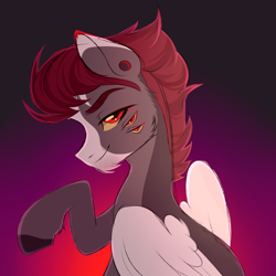 Size: 2000x2000 | Tagged: safe, artist:princessolmi, oc, oc only, pegasus, pony, abstract background, bedroom eyes, bust, colored hooves, ear piercing, high res, male, pegasus oc, piercing, smiling, solo, stallion, wings