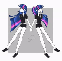 Size: 2048x2016 | Tagged: safe, artist:oc_ponys, sci-twi, twilight sparkle, human, equestria girls, g4, clothes, duo, duo female, eye clipping through hair, female, high res, holding hands, land of the lustrous, looking at each other, looking at someone, looking back, necktie, open mouth, signature, simple background, twolight, white background