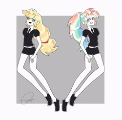 Size: 2048x2016 | Tagged: safe, artist:oc_ponys, applejack, rainbow dash, human, equestria girls, g4, clothes, duo, duo female, eye clipping through hair, female, high res, land of the lustrous, looking at each other, looking at someone, looking back, necktie, open mouth, signature, simple background, white background
