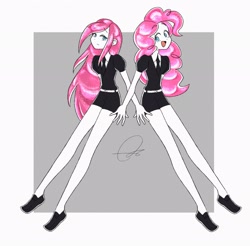 Size: 2048x2016 | Tagged: safe, artist:oc_ponys, pinkie pie, human, equestria girls, g4, clothes, duality, duo, duo female, female, high res, land of the lustrous, looking at each other, looking at someone, looking back, necktie, open mouth, open smile, pinkamena diane pie, signature, simple background, smiling, white background