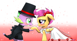 Size: 2962x1576 | Tagged: safe, artist:questionmarkdragon, scootaloo, spike, dragon, pegasus, pony, g4, clothes, dress, duo, female, filly, foal, gradient background, hat, male, marriage, raised hoof, ship:scootaspike, shipping, sparkles, straight, top hat, wedding