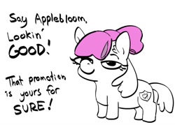 Size: 1166x836 | Tagged: safe, artist:tjpones, apple bloom, earth pony, pony, g4, apple bloom's bow, bald, black and white, bow, female, filly, foal, grayscale, hair bow, lidded eyes, looking at you, monochrome, partial color, simple background, smiling, smiling at you, smug, solo, text, white background