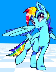 Size: 1470x1885 | Tagged: safe, artist:stacy_165cut, rainbow dash, pegasus, pony, g4, blue background, female, mare, partially open wings, raised hoof, raised leg, simple background, solo, wings