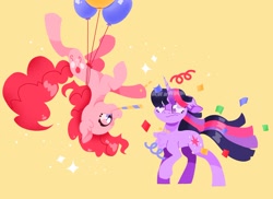 Size: 2048x1489 | Tagged: safe, artist:pastacrylic, pinkie pie, twilight sparkle, earth pony, pony, unicorn, balloon, chest fluff, confetti, derp, duo, duo female, female, floating, floppy ears, horn, party horn, simple background, sparkles, then watch her balloons lift her up to the sky, unicorn twilight, upside down, yellow background