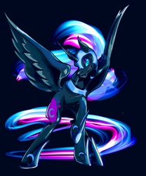 Size: 1706x2048 | Tagged: safe, artist:bestlifeb4, nightmare moon, alicorn, pony, g4, fangs, female, horn, jewelry, looking at you, mare, profile, raised hoof, regalia, simple background, solo, spread wings, wings