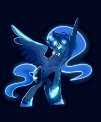 Size: 1706x2048 | Tagged: safe, artist:bestlifeb4, princess luna, alicorn, pony, g4, female, horn, jewelry, looking at you, mare, open mouth, profile, raised hoof, regalia, simple background, solo, spread wings, wings