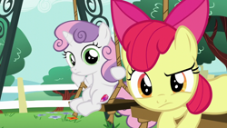 Size: 1280x720 | Tagged: safe, screencap, apple bloom, sweetie belle, earth pony, pony, unicorn, g4, on your marks, season 6, confused, duo, duo female, female, filly, foal, looking at you, meme origin, stare, sweetie belle's stare