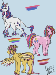 Size: 1200x1600 | Tagged: safe, artist:coyotepalace, fluttershy, pinkie pie, rarity, earth pony, pony, unicorn, g4, chest fluff, cloven hooves, colored wings, colored wingtips, leonine tail, lidded eyes, looking at you, pride, pride flag, raspberry, smiling, tail, tongue out, unshorn fetlocks, wings