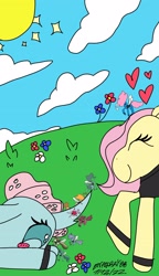 Size: 1536x2665 | Tagged: safe, artist:enperry88, fluttershy, ocellus, seabreeze, breezie, changedling, changeling, pegasus, pony, g4, awww, blue sky, blushing, clothes, cloud, cute, floppy ears, grass, happy, heart, leader, lying down, nuzzling, smiling, sparkles, sun, surprised, team, uniform, vest, wings