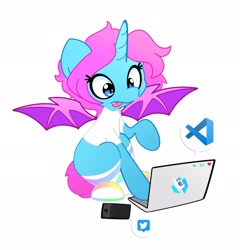 Size: 1970x2048 | Tagged: safe, artist:kindakismet, dj pon-3, vinyl scratch, oc, oc only, alicorn, bat pony, bat pony alicorn, pony, g4, bat wings, cellphone, clothes, commission, computer, female, heart, horn, laptop computer, looking at something, mare, meta, phone, simple background, sitting, smartphone, socks, solo, speech bubble, spread wings, tongue out, twitter, white background, wings