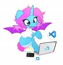 Size: 1970x2048 | Tagged: safe, artist:kindakismet, dj pon-3, vinyl scratch, oc, oc only, oc:chroma wave, alicorn, bat pony, bat pony alicorn, pony, g4, bat wings, cellphone, clothes, commission, computer, female, heart, horn, laptop computer, looking at something, mare, meta, phone, simple background, sitting, smartphone, socks, solo, speech bubble, spread wings, tongue out, twitter, white background, wings