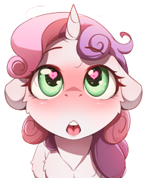 Size: 2131x2589 | Tagged: safe, alternate version, artist:alcor, sweetie belle, pony, unicorn, g4, blushing, female, floppy ears, heart, heart eyes, high res, looking up, open mouth, simple background, solo, transparent background, wingding eyes