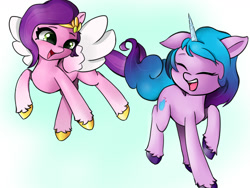 Size: 1600x1200 | Tagged: safe, artist:abracadabra, derpibooru exclusive, izzy moonbow, pipp petals, pegasus, pony, unicorn, g5, adorapipp, cute, duo, duo female, eyebrows, eyes closed, female, gradient background, headband, horn, izzybetes, jewelry, mare, open mouth, open smile, regalia, smiling, spread wings, wings