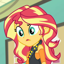 Size: 1920x1923 | Tagged: safe, screencap, sunset shimmer, human, equestria girls, equestria girls specials, g4, my little pony equestria girls: better together, my little pony equestria girls: forgotten friendship, clothes, cropped, cutie mark on clothes, female, geode of empathy, jewelry, leather, leather vest, magical geodes, necklace, open mouth, solo, vest
