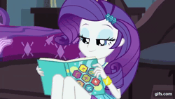 Size: 640x360 | Tagged: safe, screencap, rarity, sci-twi, twilight sparkle, human, equestria girls, g4, my little pony equestria girls: better together, the finals countdown, animated, book, bracelet, clothes, duo, duo female, eyes closed, female, gif, gifs.com, glasses, goofing off, hairpin, hoodie, jewelry, magazine, magazine cover, rarity peplum dress, smiling