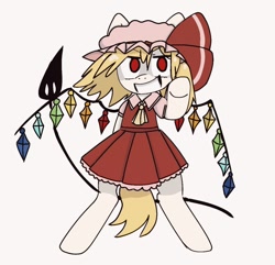 Size: 1080x1042 | Tagged: safe, artist:kusochekcat, pony, bipedal, clothes, crossover, danmaku is magic, dress, female, flandre scarlet, grin, mare, ponified, smiling, touhou