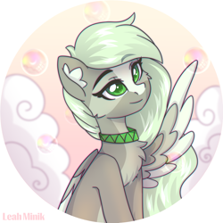 Size: 2000x2000 | Tagged: safe, artist:stesha, oc, oc only, oc:jade stonesetter, pegasus, pony, bust, chest fluff, cute, female, green eyes, high res, looking up, mare, pegasus oc, sitting, smiling, soap bubble, solo, wings