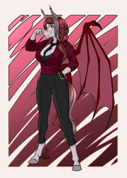 Size: 1619x2266 | Tagged: safe, artist:blackblood-queen, oc, oc only, oc:scarlet quill, bat pony, anthro, unguligrade anthro, anthro oc, bat pony oc, big breasts, braided ponytail, breasts, clothes, commission, fangs, female, freckles, glasses, mare, mother, necktie, pants, red eyes, shirt, slit pupils, smiling