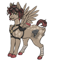 Size: 734x784 | Tagged: safe, artist:coyotepalace, oc, oc only, oc:desert rose, pegasus, pony, braid, chest fluff, cloven hooves, goggles, harness, leg wraps, looking at you, simple background, smiling, solo, spread wings, tack, white background, wings
