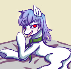 Size: 570x555 | Tagged: safe, artist:melonlicious, oc, oc:null, earth pony, pony, bed, blushing, butt, clothes, hoof licking, licking, plot, red eyes, scarf, simple background, solo, tongue out, white background