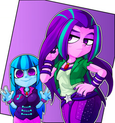 Size: 1653x1763 | Tagged: safe, artist:kyouman1010, aria blaze, sonata dusk, human, equestria girls, g4, :<, :>, alternate hairstyle, big breasts, breasts, busty sonata dusk, clothes, cute, duo, duo female, female, frown, gem, hand on hip, jewelry, looking at you, necklace, peace sign, simple background, siren gem, smiling, smiling at you, sonatabetes, spiked wristband, white background, wristband