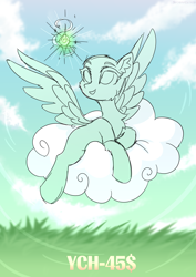 Size: 2500x3534 | Tagged: safe, artist:stesha, oc, pony, advertisement, any race, cloud, commission, grass, grass field, high res, looking up, lying down, lying on a cloud, magic, magic aura, on a cloud, open mouth, open smile, sky, sky background, smiling, solo, your character here