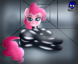 Size: 5075x4154 | Tagged: safe, artist:damlanil, pinkie pie, earth pony, pony, g4, absurd resolution, balloonbutt, blushing, bodysuit, butt, catsuit, clothes, cute, diapinkes, dock, female, frog (hoof), grin, happy, latex, latex suit, looking at you, looking back, looking back at you, lying down, mare, on side, pinkie spy, plot, rubber, shiny, smiling, smiling at you, solo, spy, spy suit, suit, tail, underhoof, vector, vent