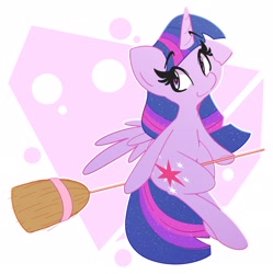 Size: 2504x2519 | Tagged: safe, artist:kindakismet, twilight sparkle, alicorn, pony, g4, broom, female, flying, flying broomstick, high res, horn, looking at you, mare, simple background, sitting, solo, sparkly mane, twilight sparkle (alicorn), white background, wings