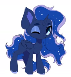 Size: 1789x1927 | Tagged: safe, artist:xsatanielx, princess luna, alicorn, pony, g4, chest fluff, chibi, ear fluff, ethereal mane, ethereal tail, female, hooves, leg fluff, mare, one eye closed, simple background, slender, solo, starry mane, starry tail, tail, thin, unshorn fetlocks, white background
