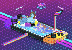 Size: 600x412 | Tagged: safe, artist:wavecipher, oc, oc only, oc:sertpony, earth pony, pony, animated, commission, float, gif, grid, inner tube, nintendo switch, nonbinary pride flag, pride, pride flag, vaporwave, water, ych result