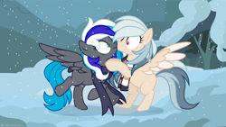 Size: 2500x1406 | Tagged: safe, artist:stesha, oc, oc only, oc:flaming dune, pegasus, pony, accidental kiss, base used, clothes, female, freckles, kissing, mare, multicolored mane, oc x oc, pegasus oc, scarf, shipping, snow, snowfall, spread wings, striped scarf, surprise kiss, wings