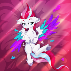 Size: 2500x2500 | Tagged: safe, artist:rurihal, zipp storm, pegasus, pony, g5, bed, chest fluff, colored wings, ear fluff, feather, female, fluffy, grooming, high res, mare, preening, solo, tongue out, wings