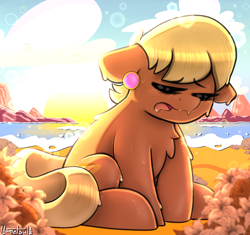 Size: 1130x1062 | Tagged: safe, artist:llametsul, ms. harshwhinny, earth pony, pony, g4, atg 2022, chest fluff, colored, cute, drool, exhausted, eyes closed, floppy ears, ms. cutewhinny, newbie artist training grounds, solo, sun, sweat, tired