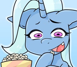 Size: 370x320 | Tagged: safe, artist:batipin, trixie, pony, unicorn, g4, blue background, eating, food, herbivore, hoof hold, open mouth, popcorn, raised hoof, simple background, solo