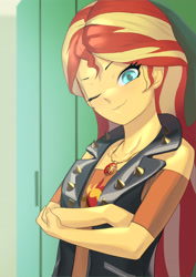 Size: 2894x4093 | Tagged: safe, artist:ばそば, sunset shimmer, human, equestria girls, equestria girls series, clothes, crossed arms, female, geode of empathy, jewelry, looking at you, magical geodes, necklace, one eye closed, smiling, smiling at you, wink, winking at you