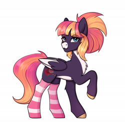 Size: 1920x1920 | Tagged: safe, artist:tanatos, oc, oc only, oc:sunrise virtue, pegasus, pony, clothes, coat markings, concave belly, countershading, facial markings, female, mare, pegasus oc, raised hoof, simple background, snip (coat marking), socks, solo, striped socks, white background