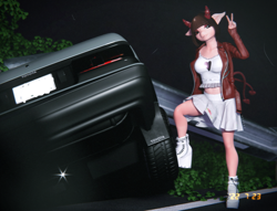 Size: 1920x1464 | Tagged: safe, artist:hevexy, oc, oc only, oc:akiko, demon, succubus, anthro, 3d, anthro oc, blender, boots, car, clothes, cute, elf ears, horns, jacket, looking at you, night, outdoors, peace sign, platform boots, raised leg, road, shoes, simple background, skirt, smiling, smirt, solo, street, tank top, toyota