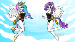 Size: 1280x720 | Tagged: safe, artist:joltedosh, princess celestia, rarity, alicorn, anthro, unguligrade anthro, g4, alicornified, clothes, female, flying, jetpack, leotard, race swap, raricorn, sky, sky background