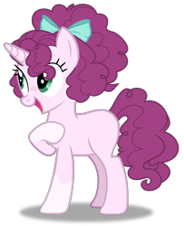 Size: 1444x1774 | Tagged: safe, artist:spectrumnightyt, oc, oc only, oc:charlotte aux fraises, pony, unicorn, base used, bow, coat markings, female, freckles, full body, hair bow, hooves, horn, magical lesbian spawn, mare, offspring, open mouth, open smile, parent:pinkie pie, parent:sugar belle, parents:sugarpie, shadow, show accurate, simple background, smiling, socks (coat markings), solo, standing, transparent background, unicorn oc