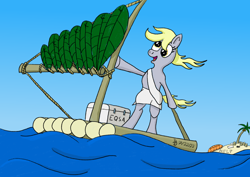 Size: 1200x849 | Tagged: safe, artist:darkdabula, derpy hooves, pony, g4, atg 2022, bipedal, newbie artist training grounds, ocean, raft, solo, water