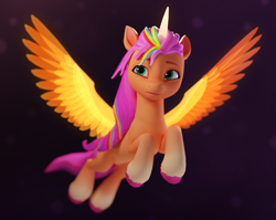 Size: 1355x1080 | Tagged: safe, artist:luminousdazzle, sunny starscout, alicorn, pony, g5, my little pony: a new generation, 3d, 3d model, blender, blender cycles, female, flying, glowing, glowing horn, glowing wings, gradient hooves, horn, mane stripe sunny, mare, multicolored hair, race swap, rainbow hair, render, simple background, solo, sunnycorn, unshorn fetlocks, wings