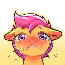 Size: 1159x1159 | Tagged: safe, artist:cold-blooded-twilight, scootaloo, pegasus, pony, g4, blushing, crying, gradient background, simple background, solo, transparent background
